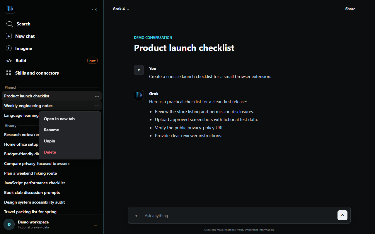 Chat actions menu with open, rename, unpin, and delete commands